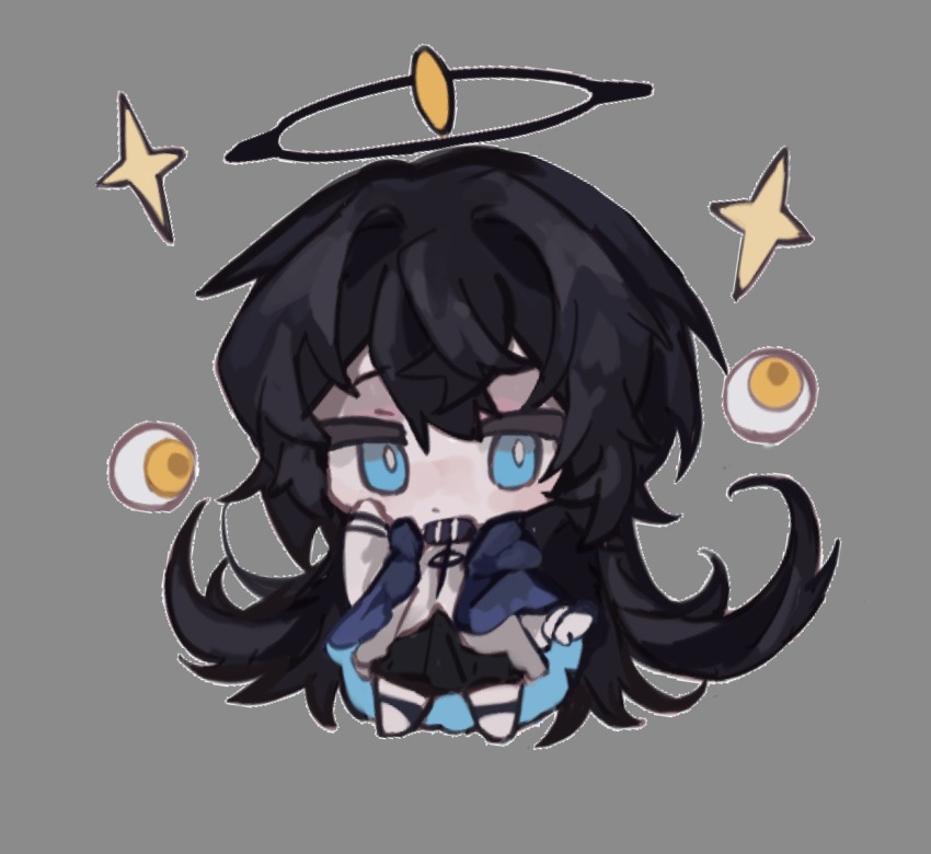 1girl, black_hair, black_skirt, blue_eyes, bright_pupils, chibi, chibi_only, chinese_commentary