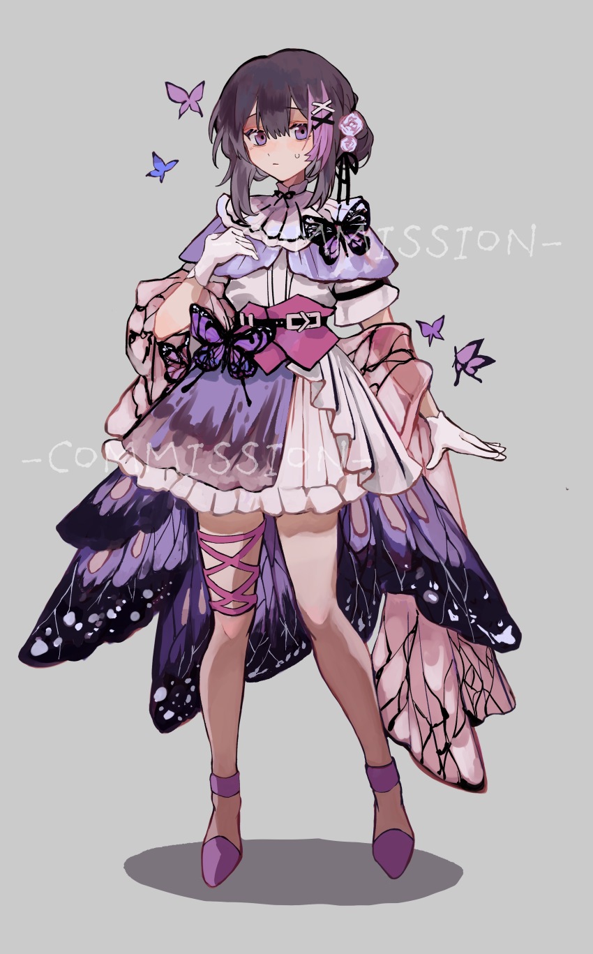 1girl, absurdres, belt, black_belt, black_hair, bug, butterfly, butterfly_ornament