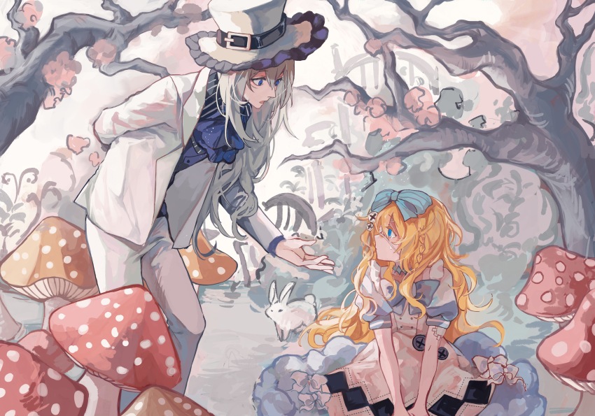 absurdres, alice_(alice_in_wonderland), alice_(alice_in_wonderland)_(cosplay), alice's_adventures_in_wonderland, apron, ascot, belt, black_belt, black_shirt, blonde_hair, blue_ascot, blue_bow, blue_dress, blue_eyes, blue_vest, bow, braid, call_of_cthulhu, closed_mouth, commentary, cosplay, crying, crying_with_eyes_open, dress, english_commentary, eyepatch, grey_eyes, hair_bow, harufubuki, hat, hat_belt, highres, jacket, leaning_forward, long_hair, long_sleeves, mad_hatter_(alice_in_wonderland), mad_hatter_(alice_in_wonderland)_(cosplay), mushroom, open_clothes, open_jacket, open_mouth, original, outdoors, pants, puffy_short_sleeves, puffy_sleeves, rabbit, shirt, short_sleeves, striped_clothes, striped_shirt, sweat, tears, top_hat, tree, vest, wavy_hair, white_apron, white_hat, white_jacket, white_pants, white_rabbit_(animal)