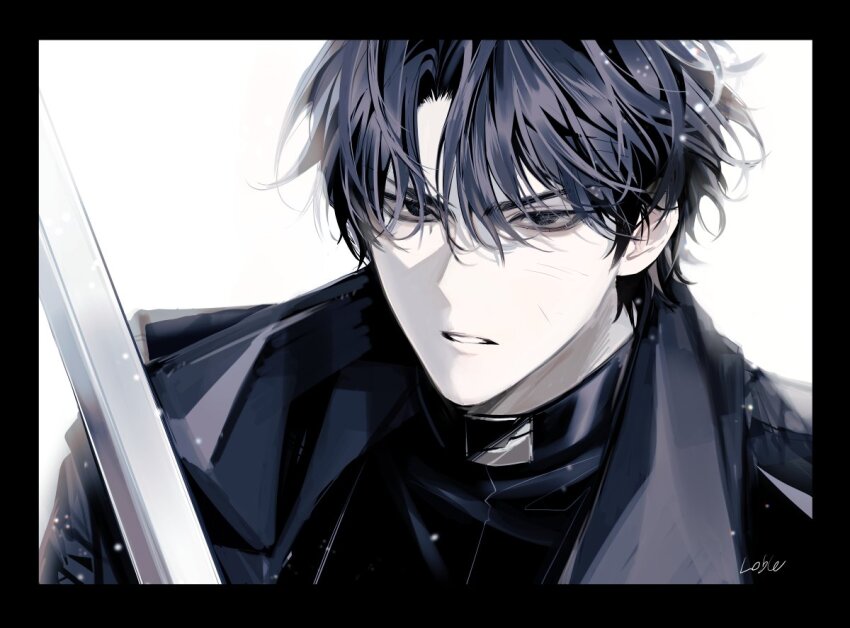 1boy, artist_name, black_border, black_coat, black_collar, black_eyes, black_hair, border