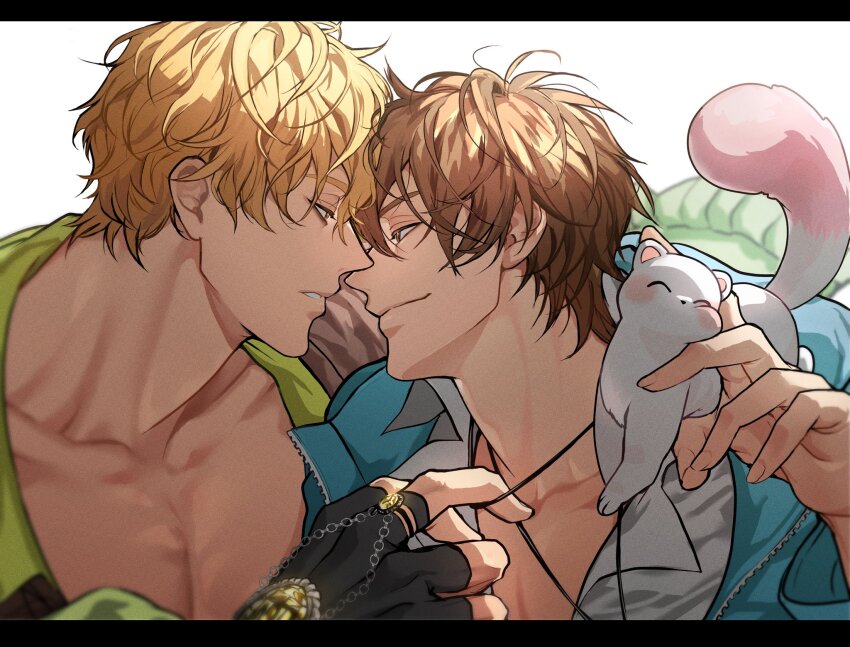 2boys, ^_^, animal, black_gloves, blonde_hair, blue_jacket, blurry, blush_stickers