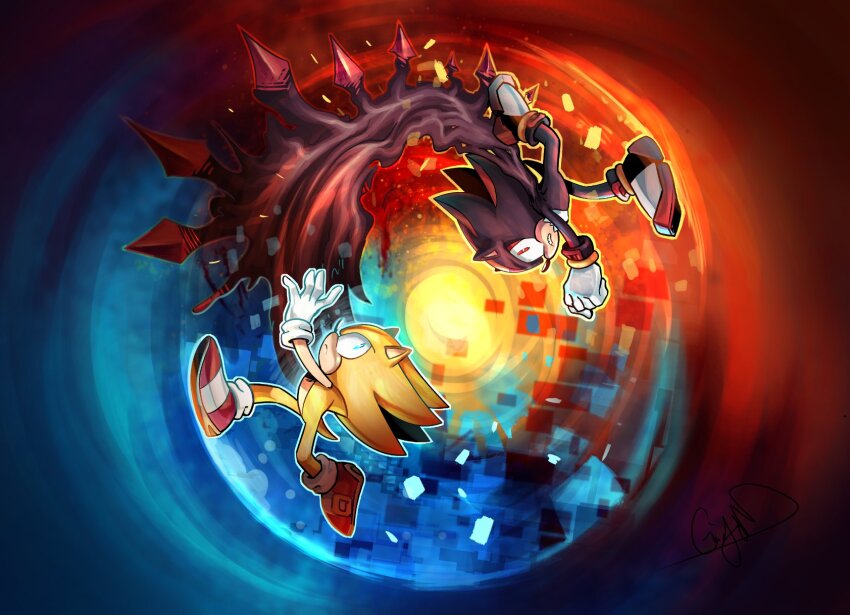 2boys, animal_ears, animal_nose, anklet, black_fur, black_wings, blue_background, blue_outline, bracelet, chest_fur, clenched_teeth, eye_contact, frown, gem, gigi-d, gloves, gold_anklet, gold_bracelet, hand_up, highres, jewelry, looking_at_another, looking_up, male_focus, multicolored_background, multicolored_fur, multiple_boys, outline, red_background, red_eyes, red_footwear, red_fur, red_gem, running, shadow_the_hedgehog, sonic_(series), sonic_frontiers, sonic_generations, sonic_the_hedgehog, sonic_x_shadow_generations, spiked_wings, spines, super_sonic, super_sonic_2, teeth, transformation, white_fur, white_gloves, wings, yellow_fur, yellow_outline, ||/