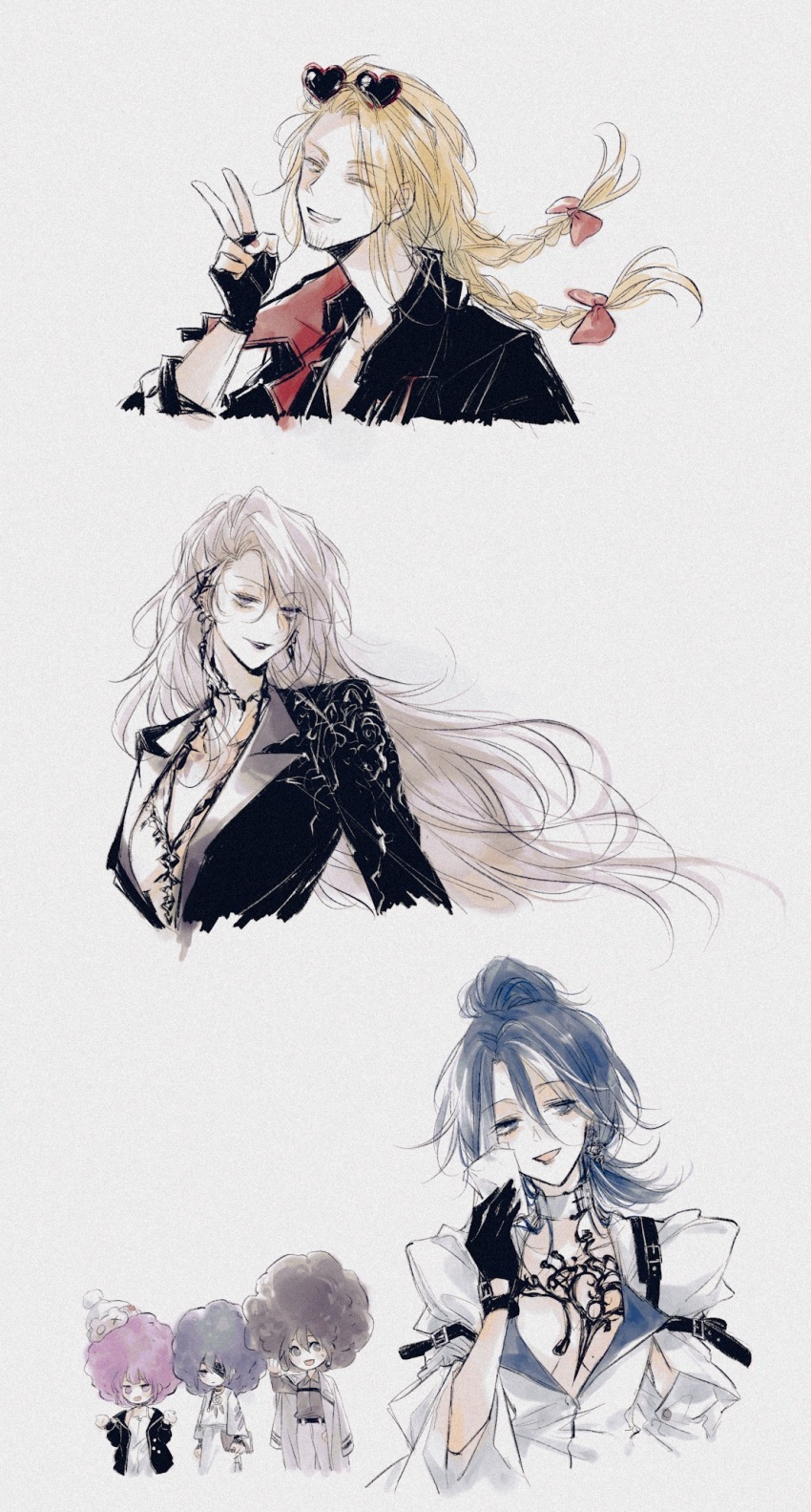 1boy, 5girls, adela_(path_to_nowhere), afro, alternate_hairstyle, beard_stubble, black_coat, black_gloves