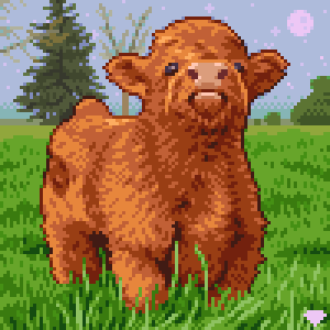 animal, animal_focus, artist_logo, black_eyes, blue_sky, calves, cow, day, full_body, grass, logo, lowres, mirrutatep, no_humans, original, outdoors, pine_tree, pixel_art, sky, solo, tree