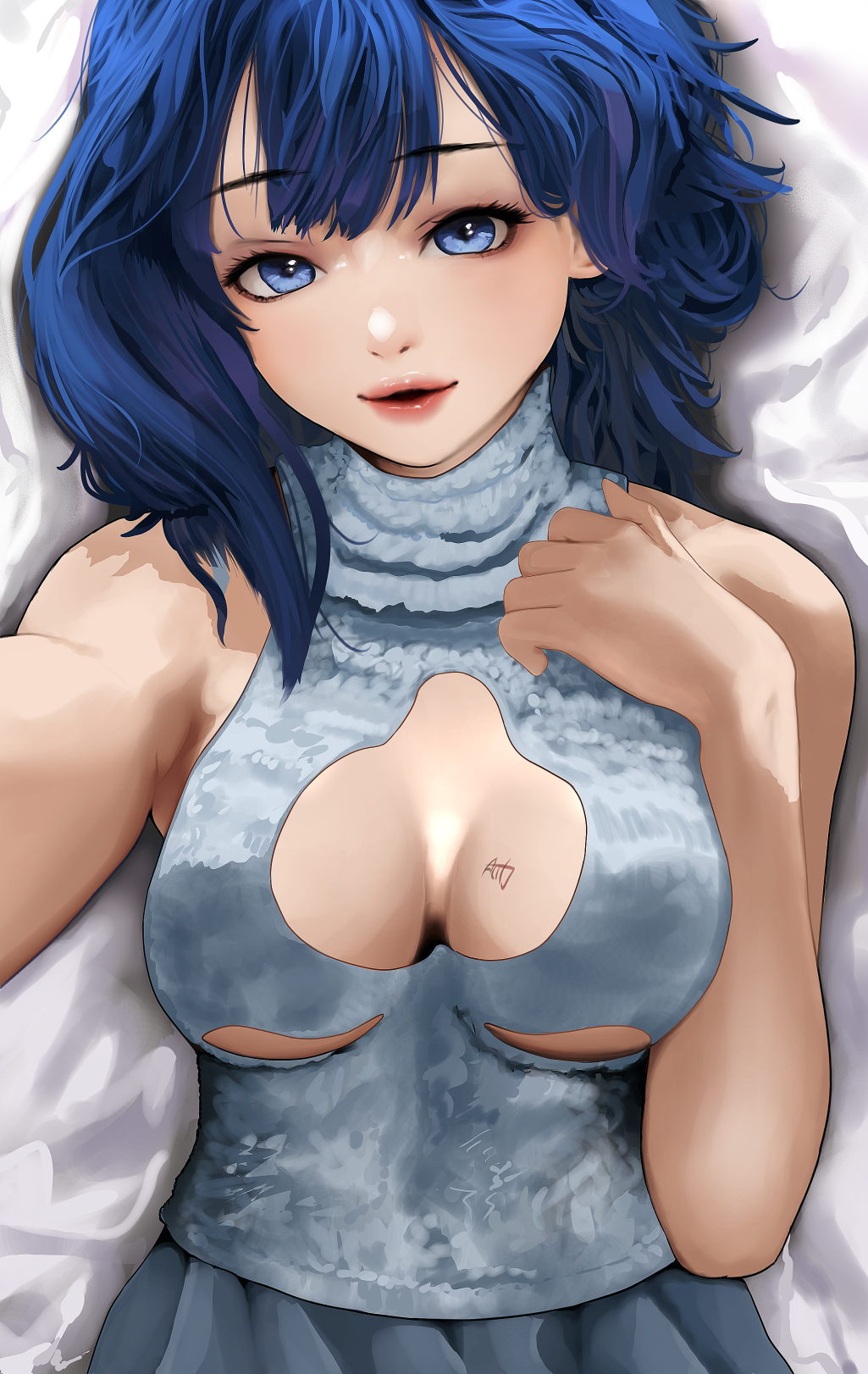 1girl, autoopt, bare_shoulders, blue_eyes, blue_hair, blue_sweater, breasts, breasts_apart, cleavage_cutout, clothing_cutout, hands_up, highres, lips, looking_at_viewer, lying, make_heroine_ga_oo_sugiru!, medium_breasts, medium_hair, on_back, parted_lips, reaching, reaching_towards_viewer, sleeveless, sleeveless_sweater, solo, sweater, turtleneck, turtleneck_sweater, upper_body, yanami_anna