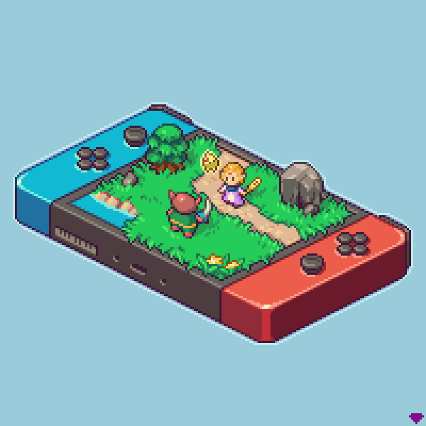 1girl, 1other, blonde_hair, blue_background, circlet, commentary, dress, english_commentary, flower, grass, mirrutatep, moblin, nintendo, nintendo_switch, pixel_art, princess_zelda, purple_dress, rock, the_legend_of_zelda, the_legend_of_zelda:_echoes_of_wisdom, tree