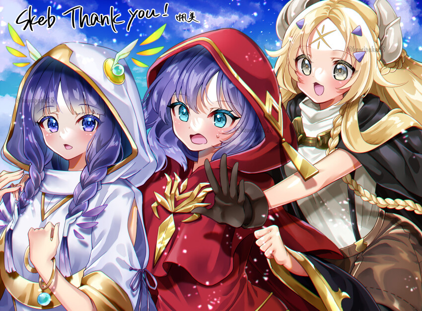 3girls, black_cape, blonde_hair, blue_eyes, blue_hair, braid, brown_gloves, brown_shorts