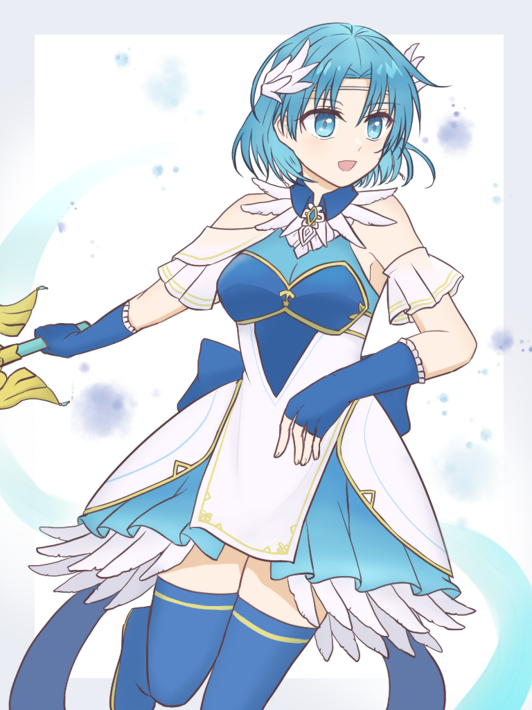 1girl, :d, armor, bare_shoulders, blue_boots, blue_eyes, blue_gloves, blue_hair