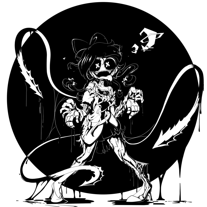 1girl, black_dress, black_hair, black_sclera, blood, bow, colored_sclera, cyn_(murder_drones), dress, full_body, grey_jacket, greyscale, guro, high_heels, highres, jacket, liam_vickers, long_hair, looking_at_viewer, mechanical_arms, monochrome, murder_drones, sharp_teeth, smile, solo, teeth, tentacles, tongue, x_x