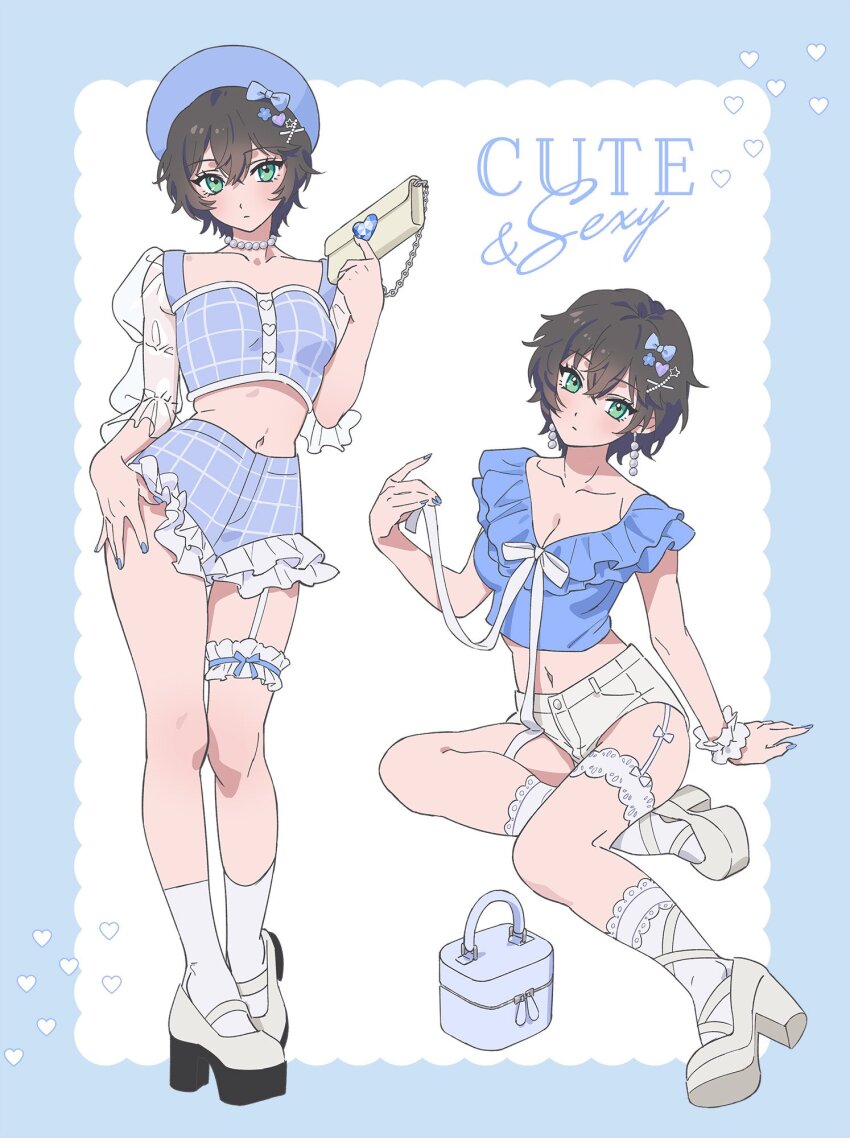 1girl, ankle_lace-up, bag, black_hair, blush, breasts, commentary_request, commission, crop_top, earrings, expressionless, frilled_thigh_strap, full_body, green_eyes, hair_ornament, handbag, high_heels, highres, jewelry, looking_at_viewer, mary_janes, moya_(toatomoot), multiple_views, navel, original, pearl_choker, platform_footwear, platform_heels, platform_shoes, see-through_clothes, see-through_sleeves, shoes, short_hair, short_shorts, shorts, sitting, skeb_commission, small_breasts, socks, strappy_heels, thigh_strap