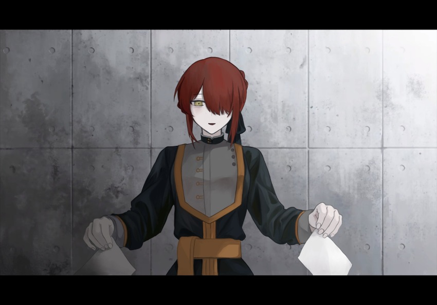 1girl, black_jacket, black_ribbon, call_of_cthulhu, chinese_commentary, commentary_request, grey_shirt, hair_over_one_eye