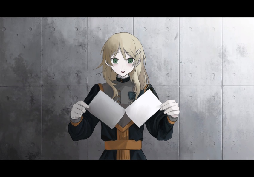 1girl, black_jacket, blonde_hair, call_of_cthulhu, chinese_commentary, commentary_request, green_eyes, grey_shirt, hair_ornament, hairclip, harufubuki, highres, holding, holding_paper, jacket, letterboxed, long_hair, long_sleeves, mussolier_de_shengzhizhe, open_mouth, orange_trim, original, paper, shirt, solo, tearing_paper, upper_body