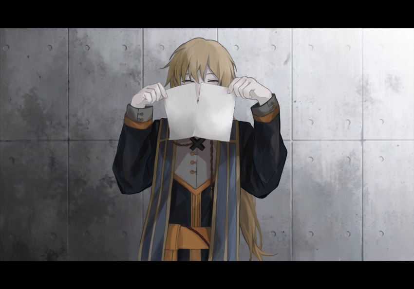 1boy, black_jacket, blonde_hair, call_of_cthulhu, chinese_commentary, commentary_request, gold_trim, grey_shirt