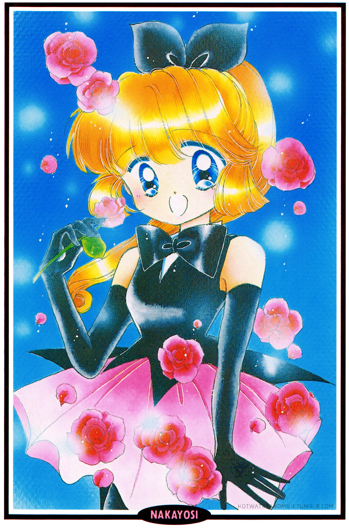 1980s_(style), 1girl, black_bow, black_bowtie, black_gloves, black_ribbon, black_vest, blonde_hair