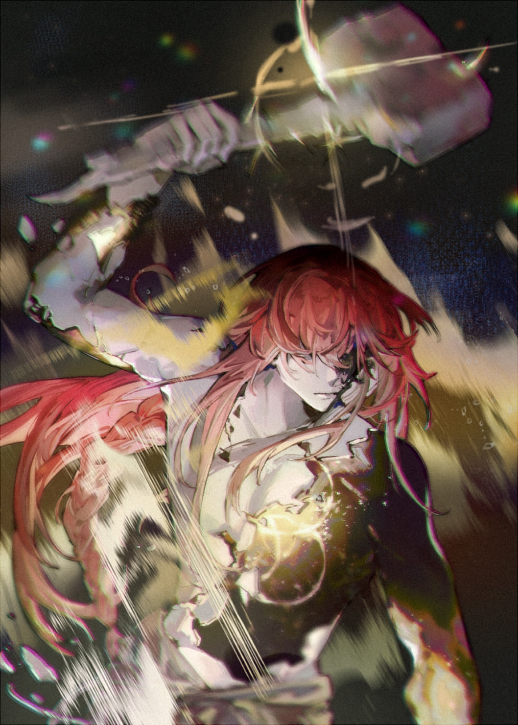 1boy, arm_up, braid, chinese_commentary, chromatic_aberration, closed_mouth, colored_skin, commentary_request