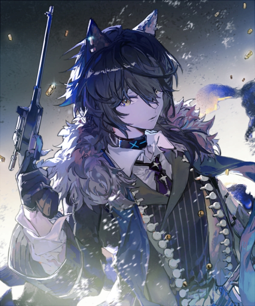 1boy, animal_ears, arknights, black_choker, black_gloves, black_hair, black_jacket, black_vest