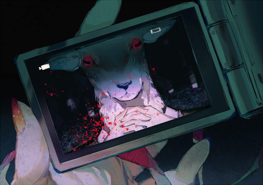 1other, ambiguous_gender, animal_head, black_jacket, blood, blood_splatter, camera, character_request