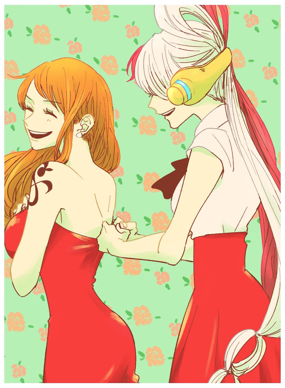 2girls, adjusting_another's_clothes, bare_shoulders, black_ribbon, breasts, closed_eyes, commentary, dress