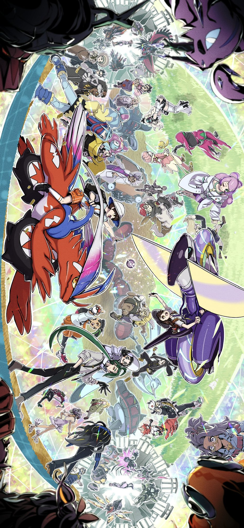 arven_(pokemon), black_hair, black_pants, black_sclera, blonde_hair, blue_eyes, blue_hair, blue_mittens