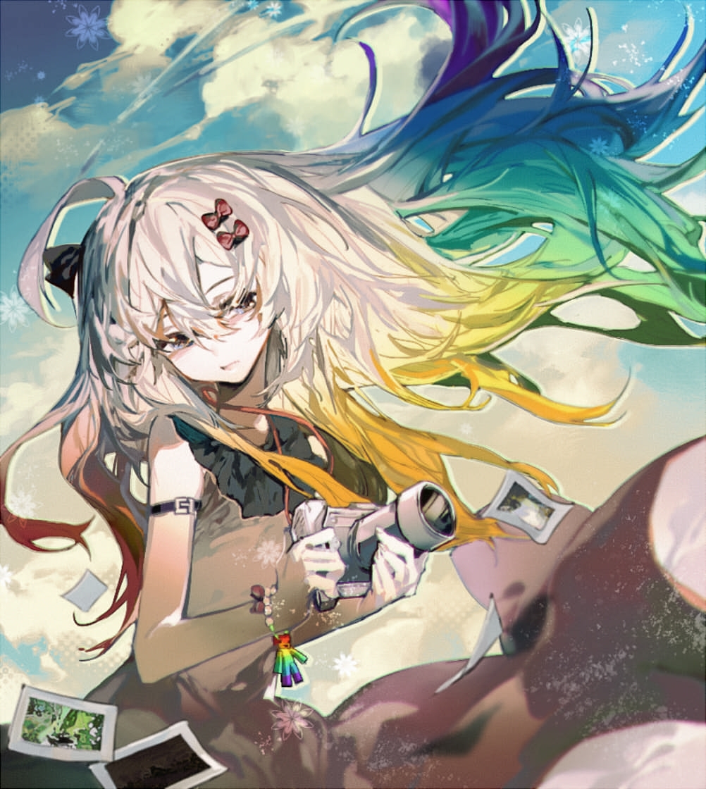 1girl, ahoge, blue_eyes, blue_hair, blue_sky, bow, bracelet, brown_dress, camera, character_request, chinese_commentary, closed_mouth, commentary_request, copyright_request, dress, floating_hair, green_hair, hair_bow, holding, holding_camera, jewelry, multicolored_hair, orange_hair, outdoors, photo_(object), purple_hair, rainbow_hair, red_bow, red_hair, sky, sleeveless, sleeveless_dress, solo, white_hair, yellow_eyes, zxzy520