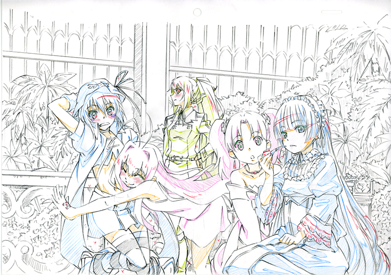 10s, 5girls, :d, blue_dress, blunt_bangs, blush, character_request, crossover