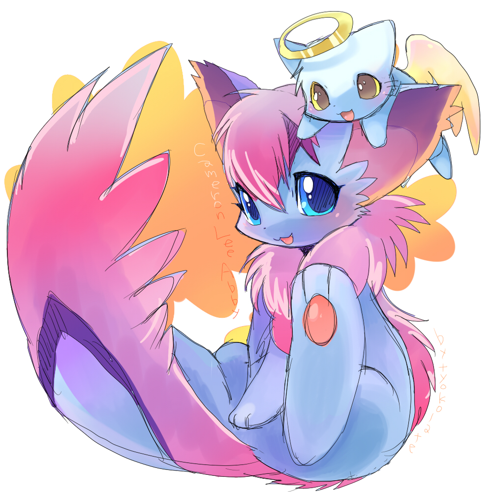 angel, angel_wings, angelpuss, animal_focus, blue_eyes, cat, commentary_request, creature, creature_focus, halo, looking_at_viewer, neopet_(creature), neopets, no_humans, pawpads, petpet, sitting, suppainu, tail, traditional_halo, wings, xweetok