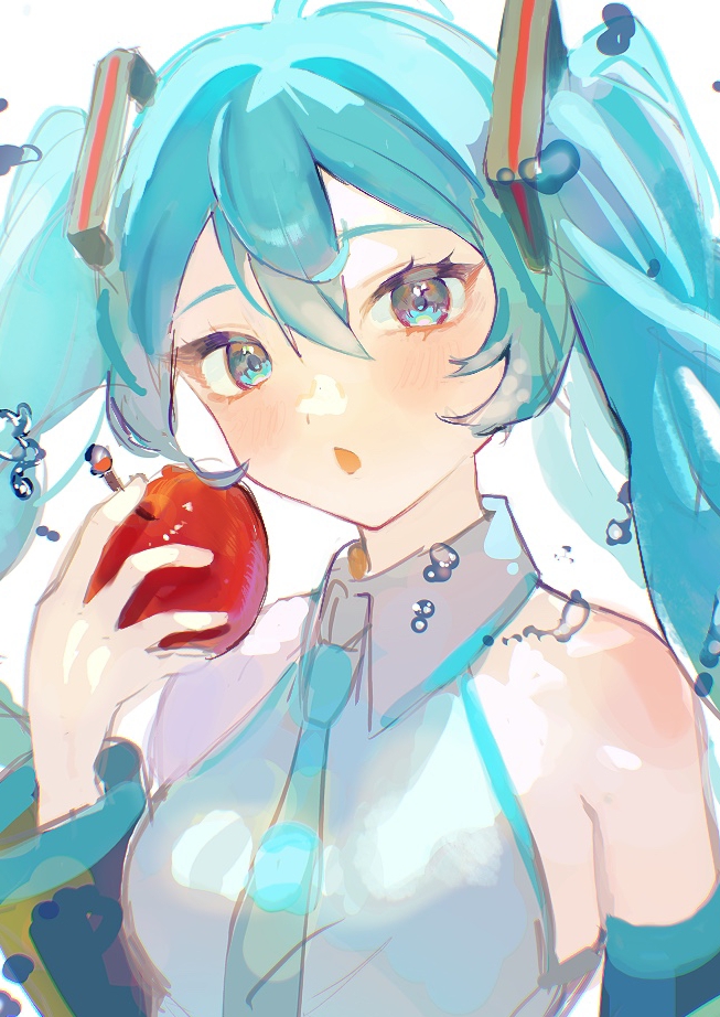 1girl, apple, aqua_eyes, aqua_hair, aqua_necktie, bare_shoulders, black_sleeves, blush