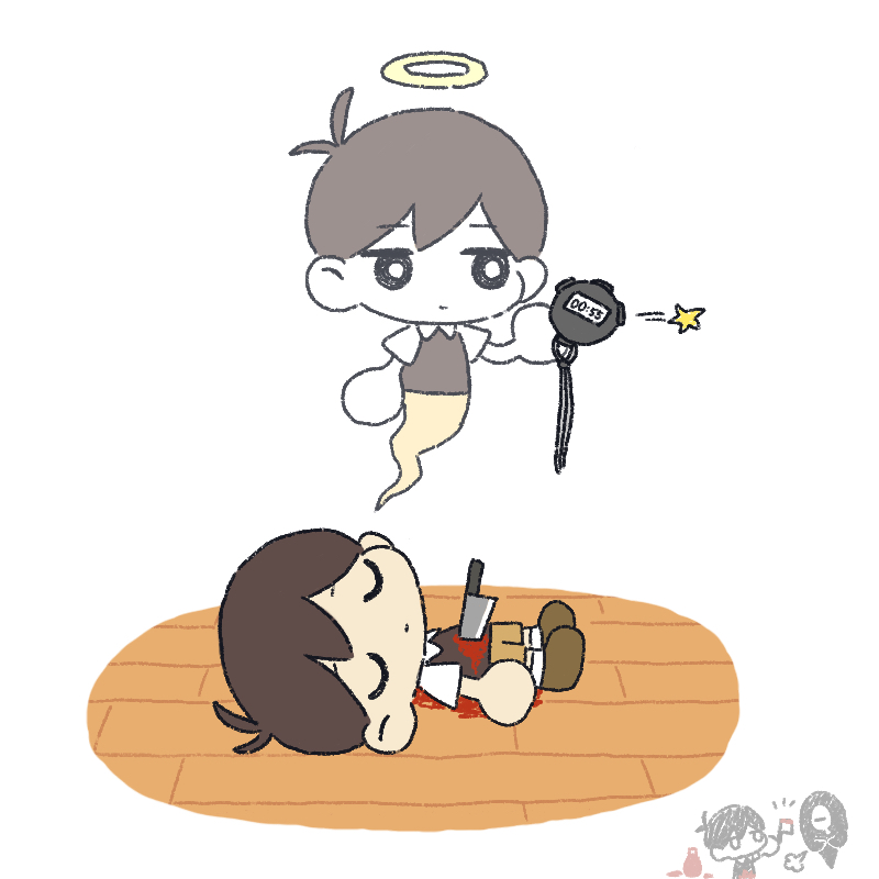 1boy, black_hair, black_sweater_vest, blood, blood_on_clothes, bloody_knife, brown_footwear, brown_shorts