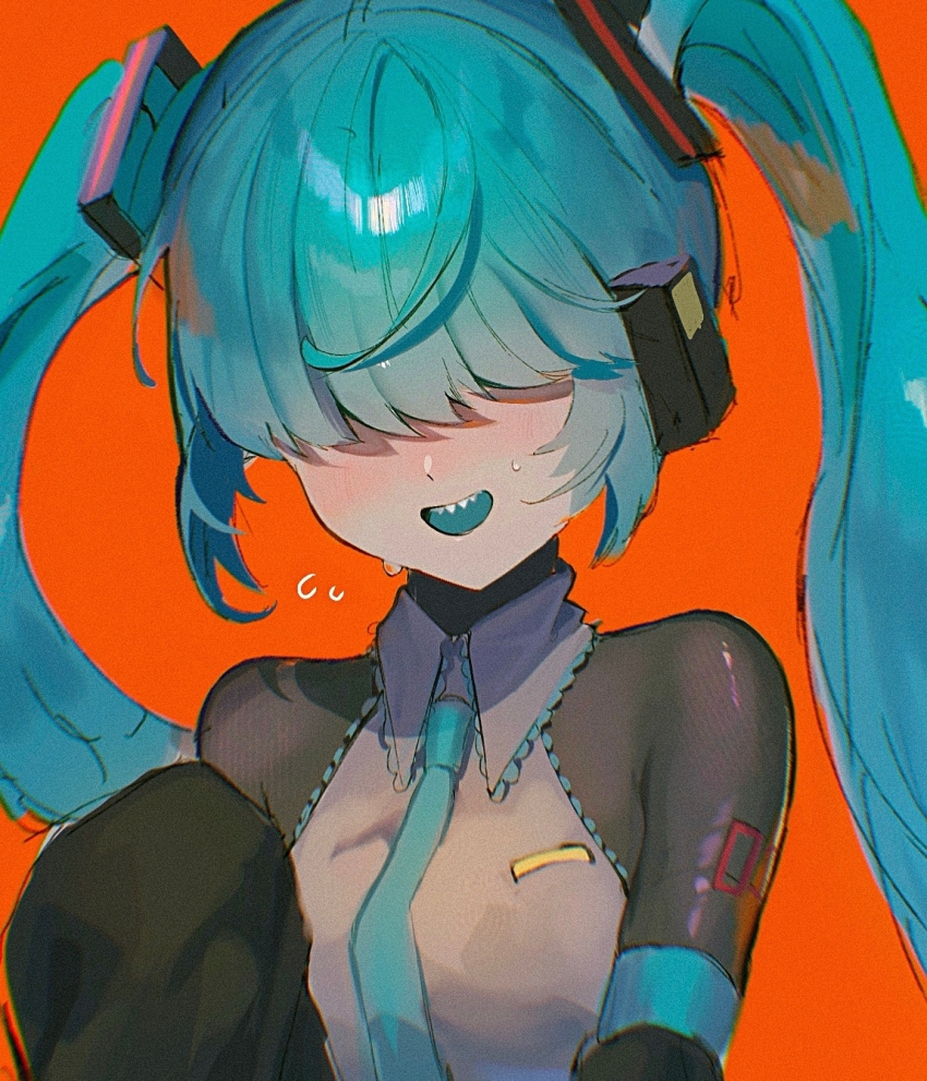1girl, aqua_hair, aqua_necktie, arm_belt, black_sleeves, blush, collared_shirt, colored_tongue, commentary_request, covered_eyes, green_tongue, grey_shirt, hair_ornament, hair_over_eyes, hatsune_miku, headphones, headset, highres, long_hair, long_sleeves, mekakure_miku_(homma_nuruneko), necktie, number_tattoo, open_mouth, orange_background, portrait, sharp_teeth, shiny_clothes, shirt, simple_background, sleeveless, smile, solo, sweat, tattoo, teeth, twintails, usari_05011, very_long_hair, vocaloid