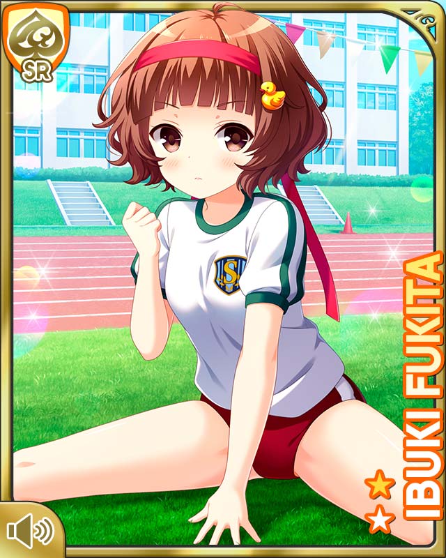 1girl, bare_legs, bird, brown_eyes, brown_hair, buruma, card, character_name