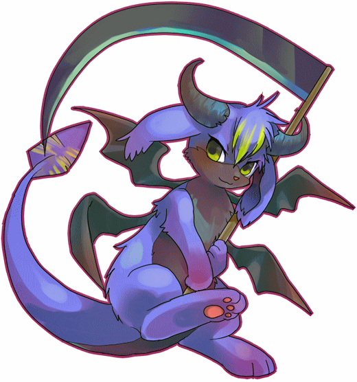 >:), bat_wings, blue_fur, colored_tips, commentary_request, creature, creature_focus, full_body, green_eyes, holding, holding_scythe, horns, looking_to_the_side, multicolored_hair, multiple_wings, neopet_(creature), neopets, no_humans, outline, pawpads, red_outline, scythe, simple_background, smile, solo, suppainu, v-shaped_eyebrows, white_background, wings, zafara