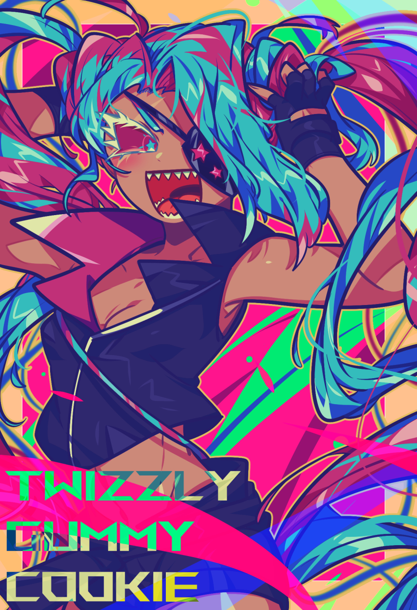 1girl, arms_up, bare_shoulders, black_gloves, black_shorts, black_vest, blue_eyes, blue_hair