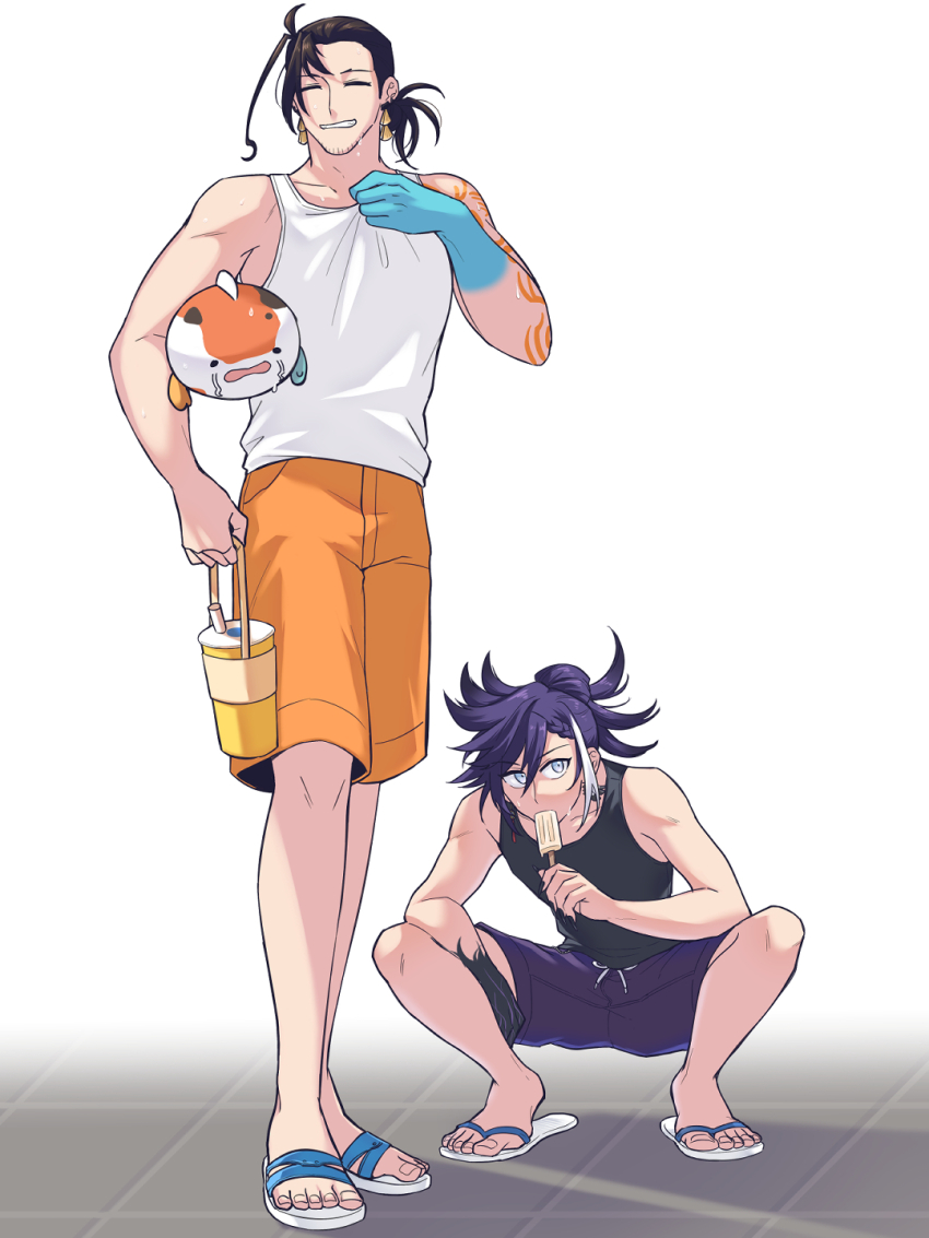 2boys, amehigejz, arm_tattoo, banzoin_hakka, beard_stubble, black_hair, black_tank_top, blue_eyes