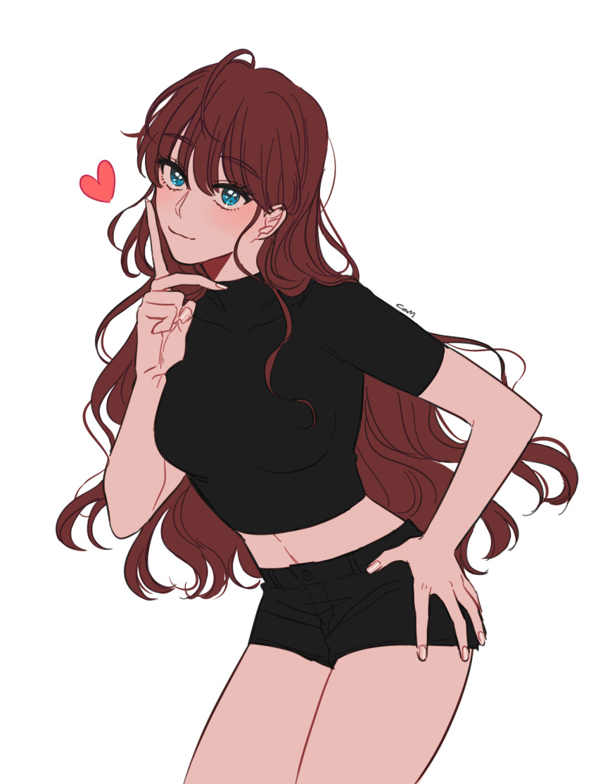 1girl, black_shirt, black_shorts, blue_eyes, brown_hair, com_(com0107), cowboy_shot, crop_top