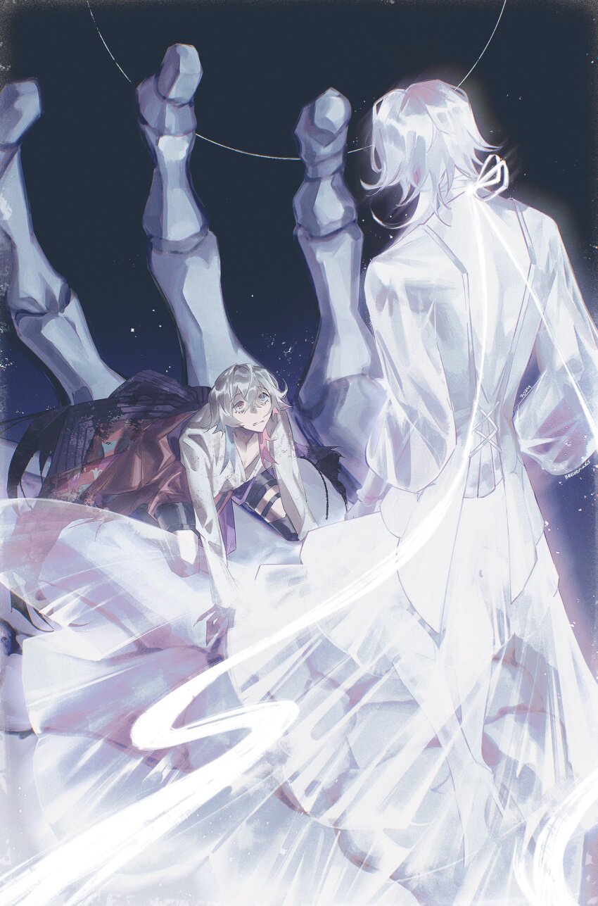 2boys, absurdres, alternate_costume, blue_eyes, blue_hair, clothes_around_waist, commentary, daniel_(breloomings)