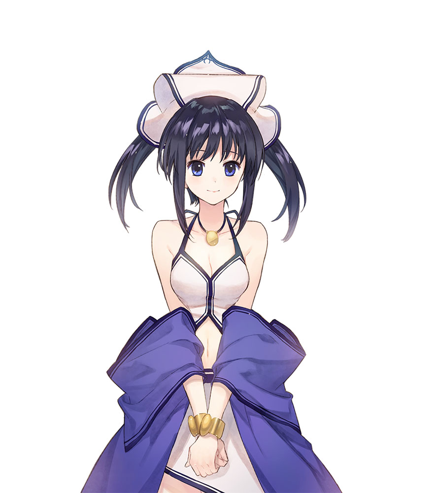 1girl, atelier_(series), atelier_iris, atelier_iris_grand_phantasm, bare_shoulders, black_hair, blue_eyes, bracelet