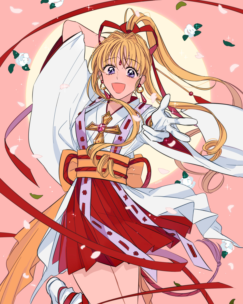 1girl, :d, absurdres, arm_behind_back, blonde_hair, com_(com0107), cross, earrings