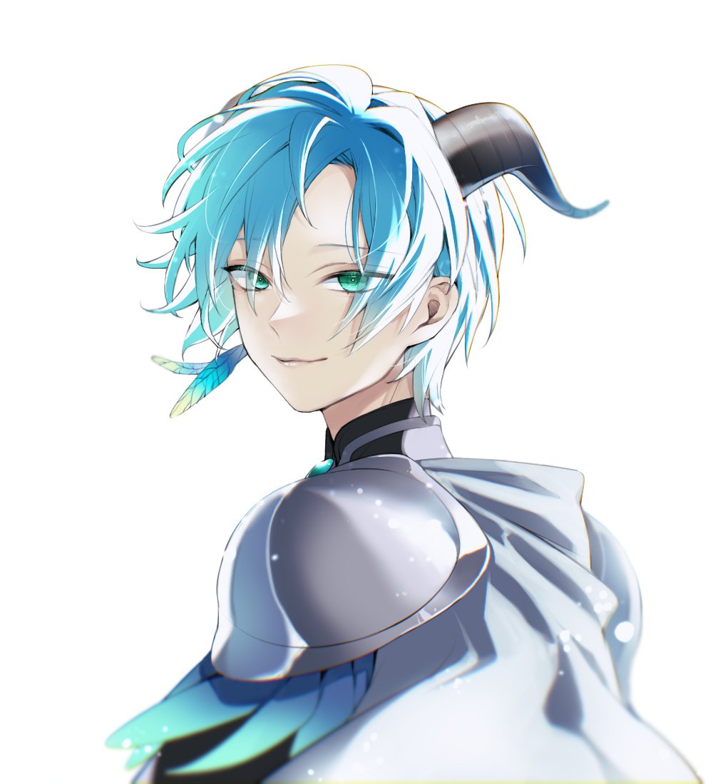 029jrr, 1boy, armor, blue_hair, cloak, closed_mouth, demon_horns, earrings, feather_earrings, feathers, from_side, green_eyes, grey_cloak, hair_between_eyes, hashtag-only_commentary, holostars, holostars_english, hood, hooded_cloak, horns, jewelry, light_particles, looking_at_viewer, male_focus, parted_bangs, regis_altare, short_hair, shoulder_armor, side_part, single_earring, smile, solo, upper_body, virtual_youtuber, white_background