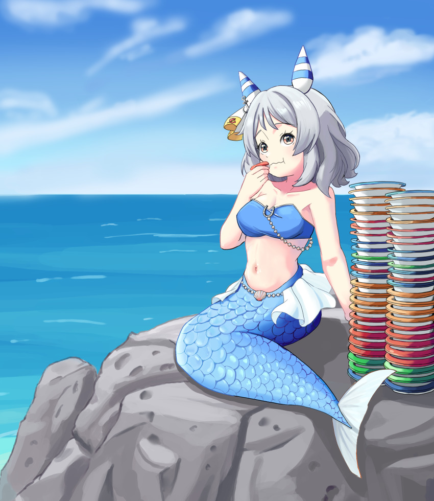 1girl, absurdres, animal_ears, blush, breasts, brown_eyes, cleavage, closed_mouth, collarbone, eating, food, full_body, grey_hair, grimmyhiji, hair_between_eyes, hair_ornament, highres, hishi_miracle_(umamusume), horse_ears, horse_girl, looking_at_viewer, mermaid, monster_girl, monsterification, navel, ocean, plate, sky, solo, sushi, umamusume
