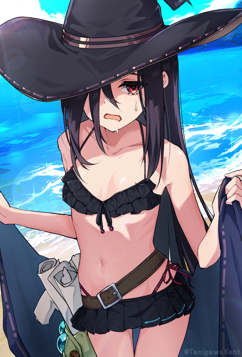 1girl, beach, bikini, black_bikini, black_hair, blue_sky, breasts, day