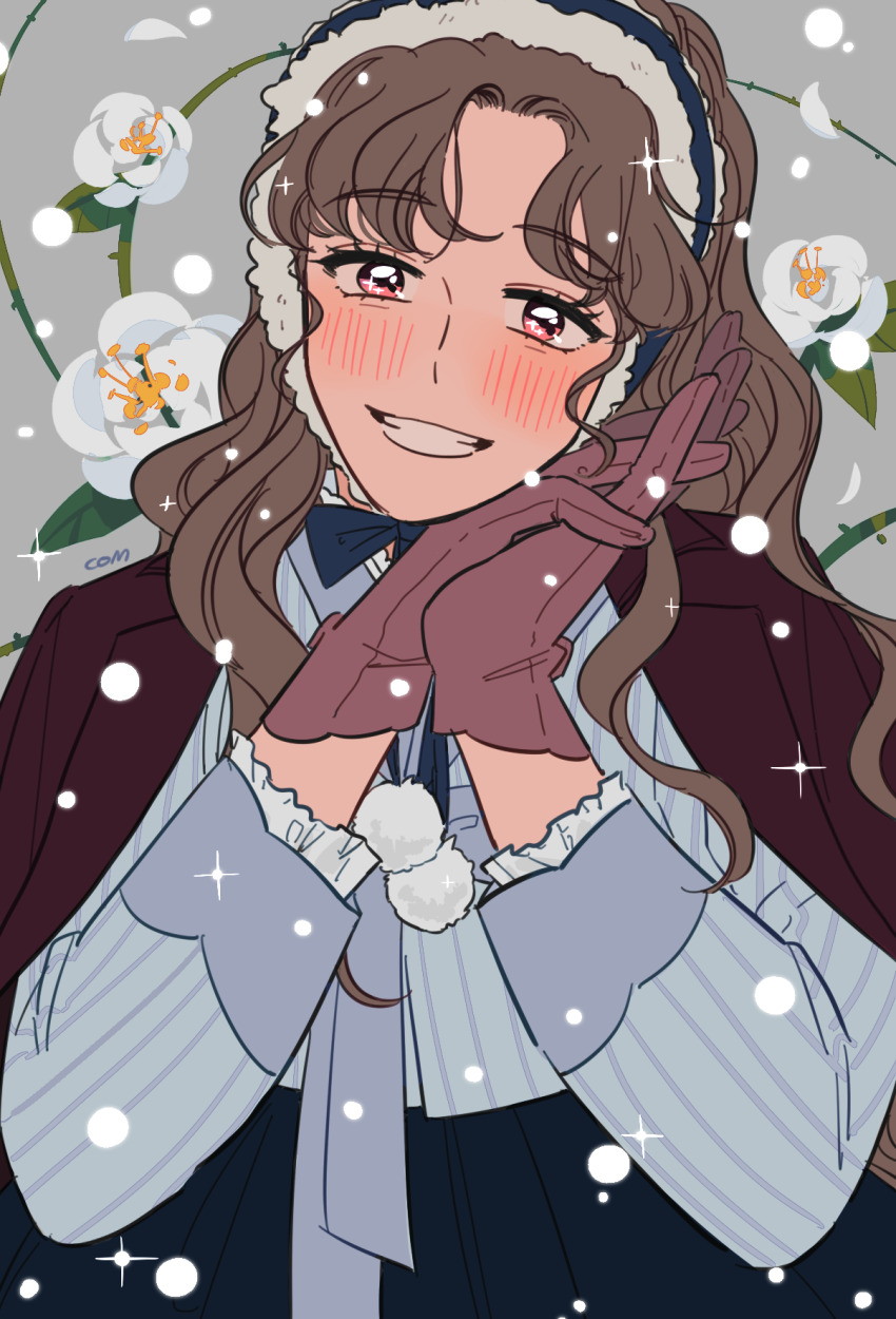 1girl, blush, brown_hair, chinstrap, com_(com0107), flower, flower_request, fur-trimmed_headwear