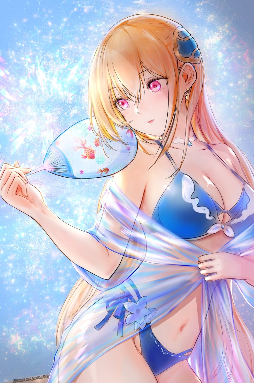 1girl, bikini, blonde_hair, blue_bikini, breasts, cleavage, collarbone, hand_fan