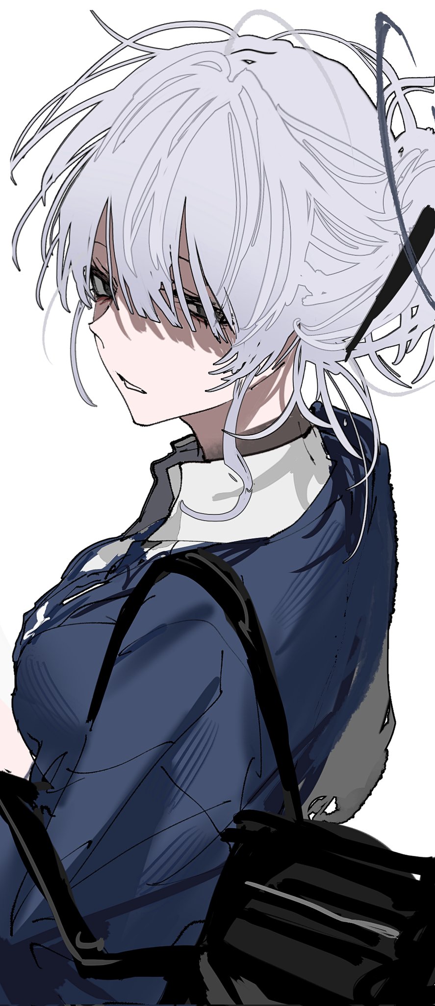 1girl, bag, black_bag, black_eyes, blue_cardigan, breasts, cardigan, grey_hair, hair_between_eyes, hair_bun, hair_over_one_eye, halo, hashtag-only_commentary, highres, itokonoue_kaoru, large_breasts, looking_at_viewer, parted_lips, project_kv, shirt, simple_background, single_hair_bun, solo, upper_body, white_background, white_shirt, yanyihenku
