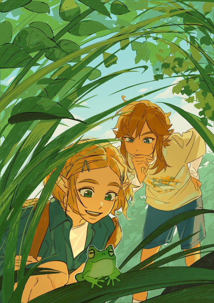 1boy, 1girl, alternate_costume, bent_back, blonde_hair, blue_eyes, blue_jacket, blue_shorts