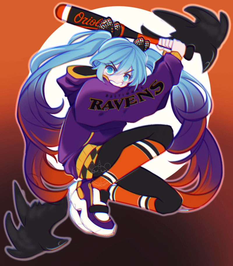 1girl, baltimore_orioles, baltimore_ravens, baseball_bat, bird, black_pants, blue_eyes, blue_hair, candicornart, crow, gradient_hair, hatsune_miku, holding, holding_baseball_bat, hood, hood_down, hoodie, major_league_baseball, multicolored_hair, national_football_league, orange_background, orange_socks, pants, purple_hair, purple_hoodie, shoes, sneakers, socks, solo, twintails, vocaloid, worldwide_miku