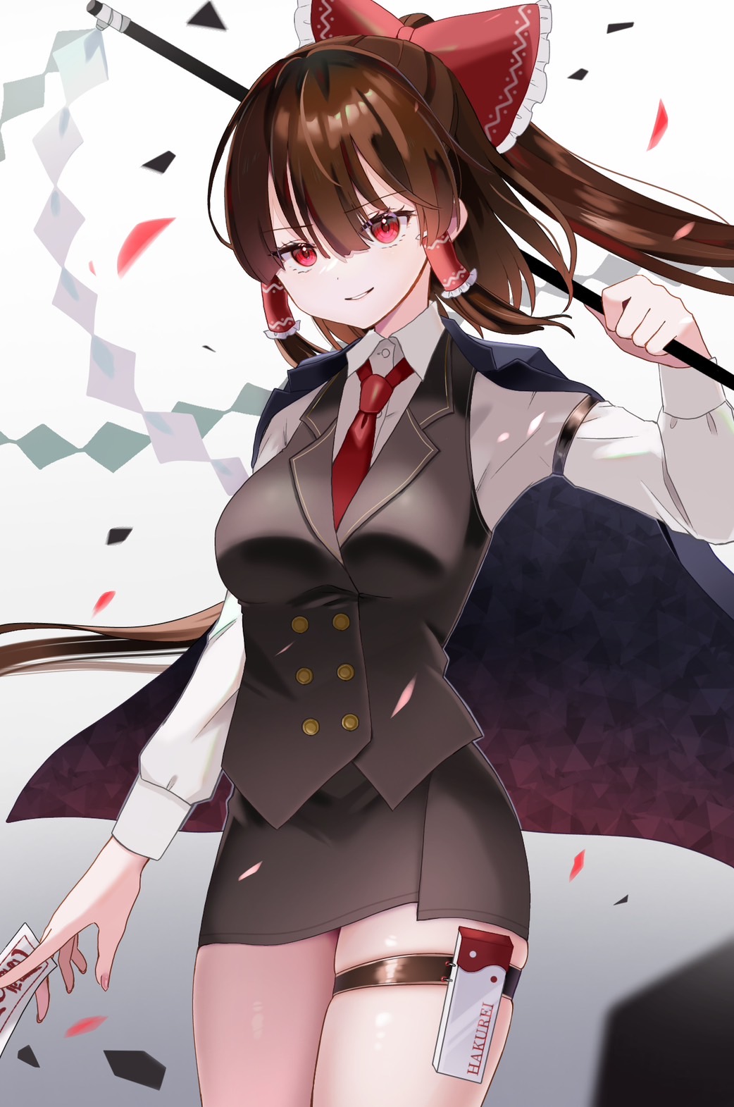 1girl, alternate_costume, between_fingers, black_skirt, black_vest, bow, brown_hair, cape