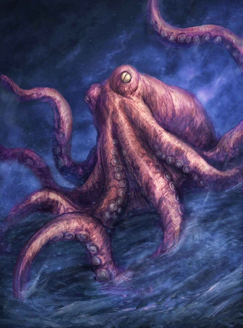 absurdres, fog, giant, giant_monster, highres, horizontal_pupils, kaiju, looking_at_viewer, monster, night, no_humans, ocean, octopus, rain, robuja, sea_monster, splashing, storm, sudar, tentacles, tsuburaya_productions, ultra_q, ultra_series, water, yellow_eyes