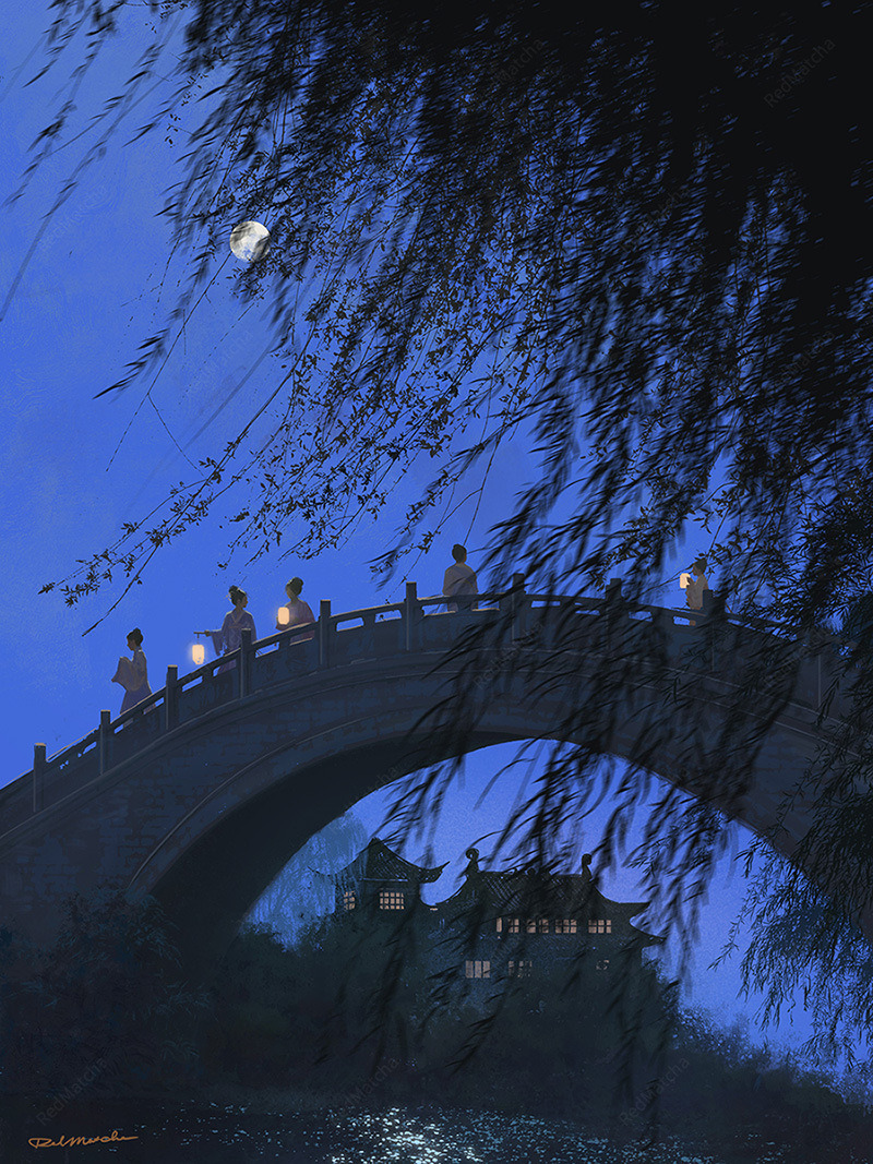 6+girls, architecture, black_hair, blue_sky, bridge, chinese_clothes, chinese_commentary, commentary_request