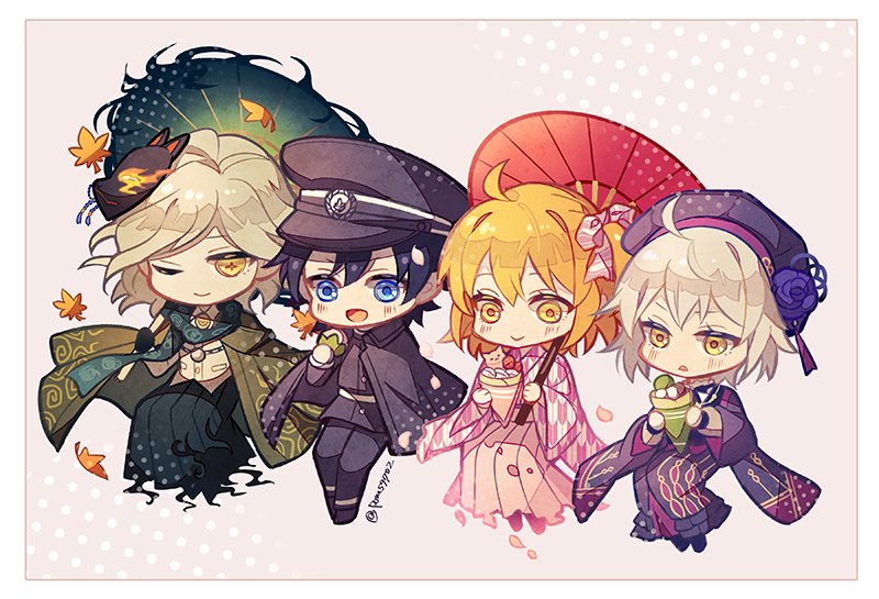 2boys, 2girls, ahoge, black_footwear, black_hair, black_hat, black_jacket, black_kimono