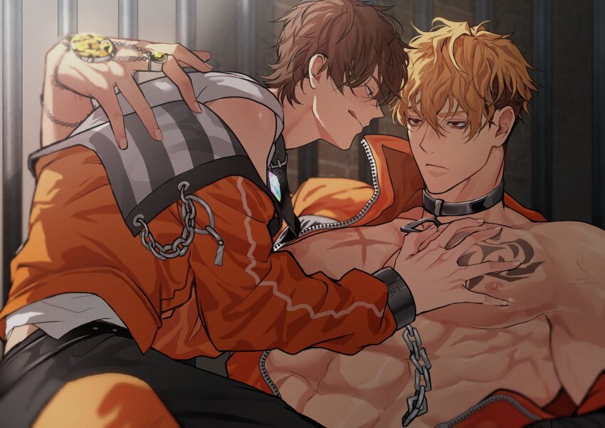 2boys, abs, black_collar, black_pants, blonde_hair, brown_hair, chain, chain_leash, chest_tattoo, collar, cuffs, eiden_(nu_carnival), eye_contact, hand_on_another's_chest, handcuffs, highres, indoors, jacket, jewelry, large_pectorals, leash, leather_collar, licking_lips, light_frown, long_sleeves, looking_at_another, male_focus, miyamoyan, multiple_boys, muscular, muscular_male, nipples, nu_carnival, off_shoulder, open_clothes, open_jacket, orange_jacket, pants, pectoral_grab, pectorals, prison, prison_cell, quincy_(nu_carnival), quincy_(shackled_thug)_(nu_carnival), red_eyes, ring, short_hair, tattoo, tongue, tongue_out, undercut, upper_body, yaoi